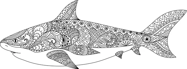 Акулы линии художественный дизайн для раскраски книги для взрослых, татуировки, дизайн футболки и другие украшения — стоковый вектор