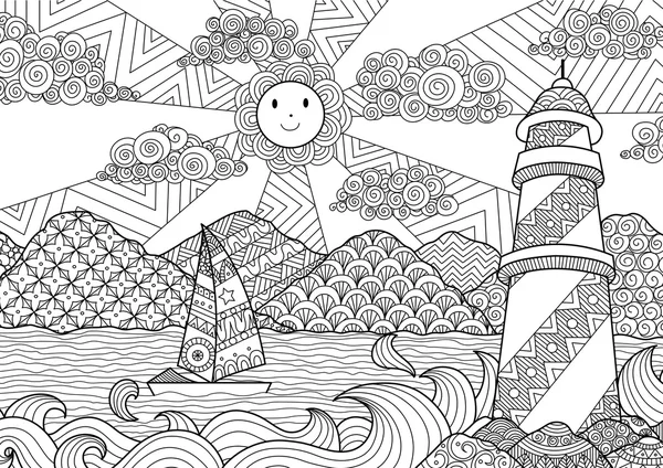 Conception d'art Seascape ligne pour livre de coloriage pour adulte, coloriage anti-stress - vecteur de stock — Image vectorielle