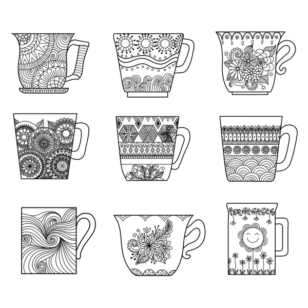 Nove xícaras de chá linha de design de arte para colorir livro para anti stress, elemento de design de menu ou outras decorações —  Vetores de Stock