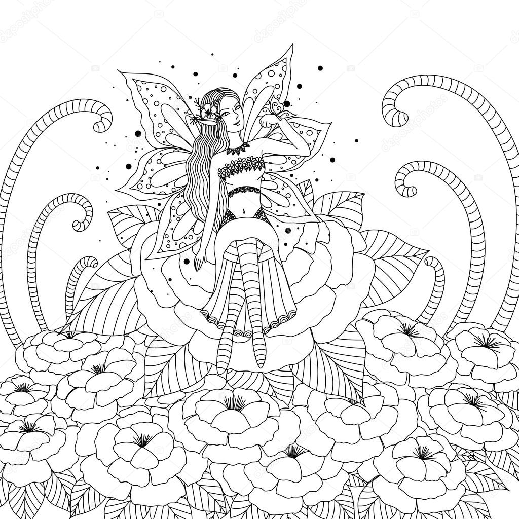 Fairy girl playing with butterfly in the flower forest design for coloring book for both adult and children