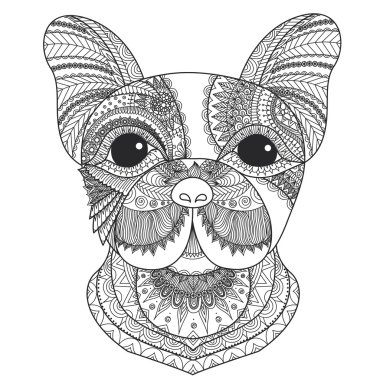 Boyama kitabı için yetişkin, dövme, T-shirt tasarım ve diğer süslemeleri için stilize Fransız bulldog köpek yavrusu zentangle