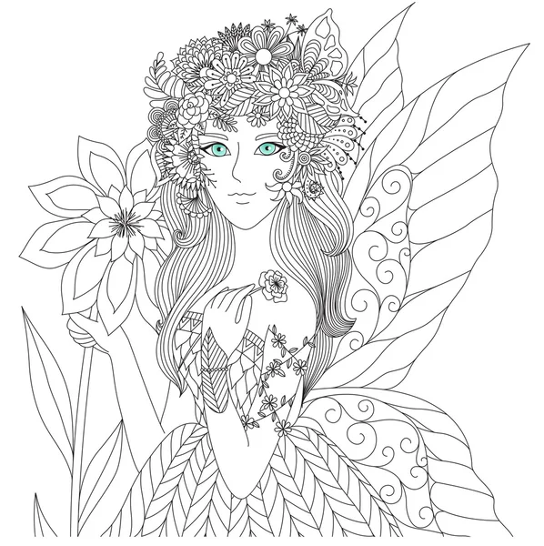 Beautiful forest fairy for coloring book for adult — Stock Vector