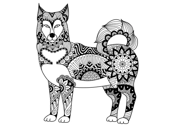 Desenho de arte de linha de cão malamute do Alasca para tatuagem, design de camiseta, livro de colorir para adultos e assim por diante - vetor de estoque — Vetor de Stock