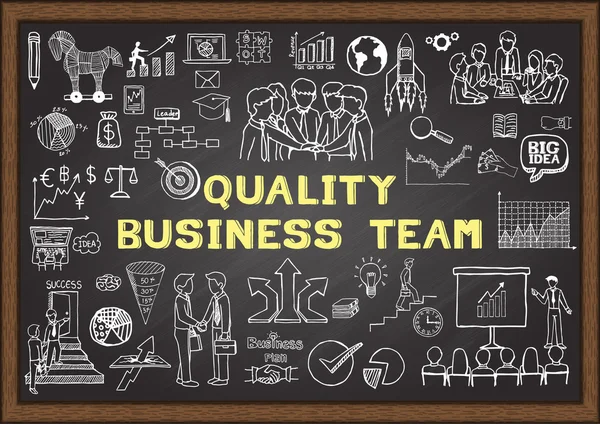 Iconos de negocios dibujados a mano sobre QUALITY BUSINESS TEAM en pizarra — Vector de stock