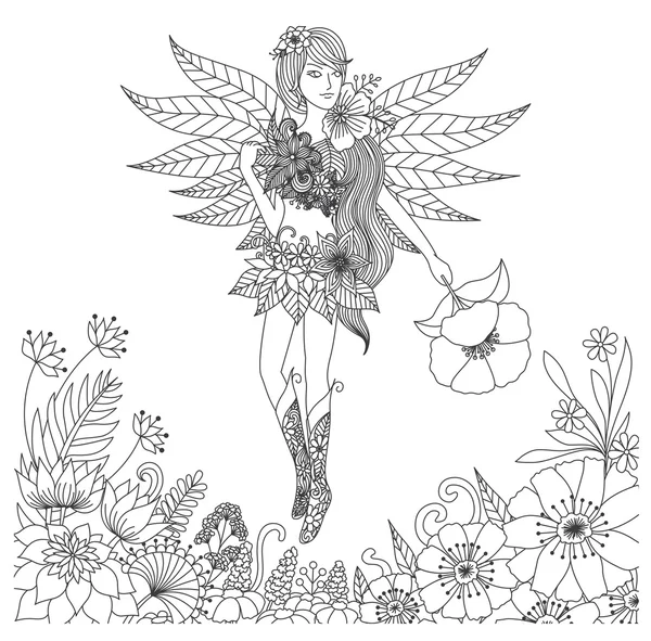 Hand drawn fairy flying in flower land for coloring book for adult — Stock Vector