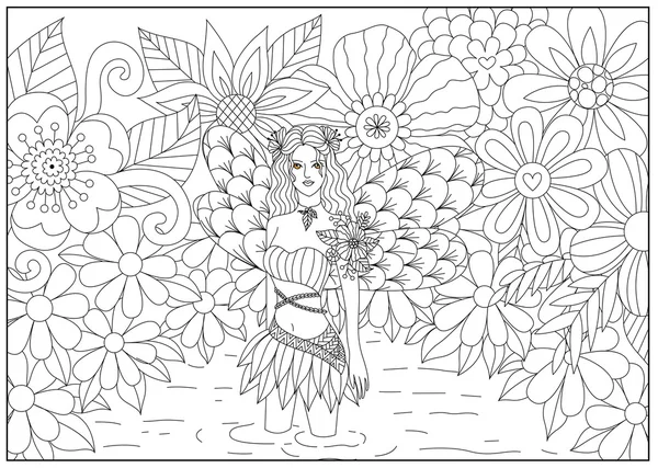 Fada na linha de lagoa design de arte para colorir livro para adultos . — Vetor de Stock