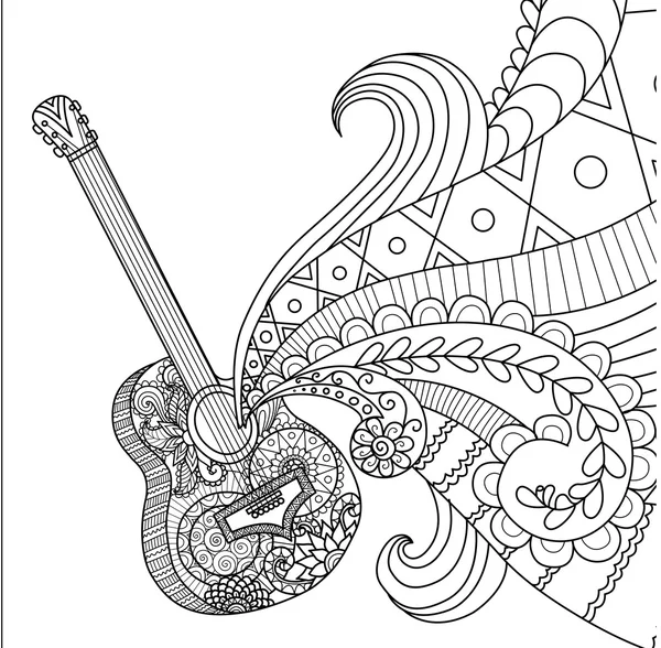 Diseño de Doodles de guitarra para colorear libro para adultos, póster, pancarta y así sucesivamente - Stock Vector — Vector de stock