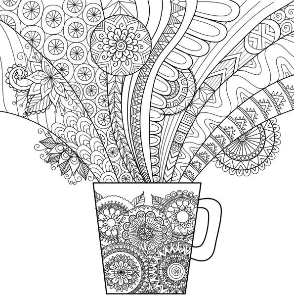 Diseño de arte de línea de una taza de bebida caliente para colorear libro para adultos y otras decoraciones — Vector de stock