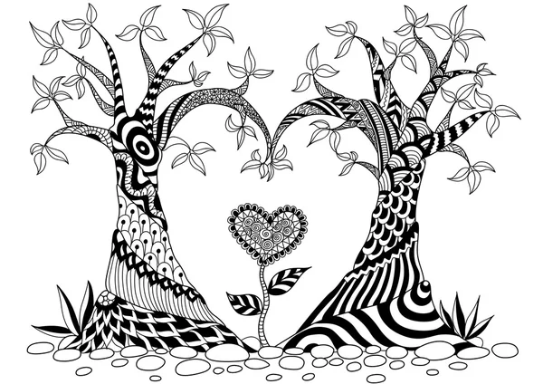 Kalp şekli satır sanat tasarım boyama kitabı için soyut ağaçlar — Stok Vektör