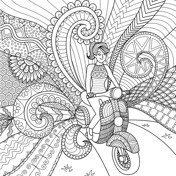 Meisje rijden scooter strakke lijnen doodle ontwerp voor de kleurplaat boek voor volwassene — Stockvector