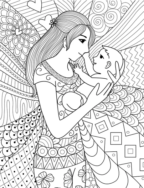 Madre sosteniendo a su bebé, línea limpia doodle diseño de arte para colorear libro para adultos, tarjetas y así sucesivamente — Vector de stock