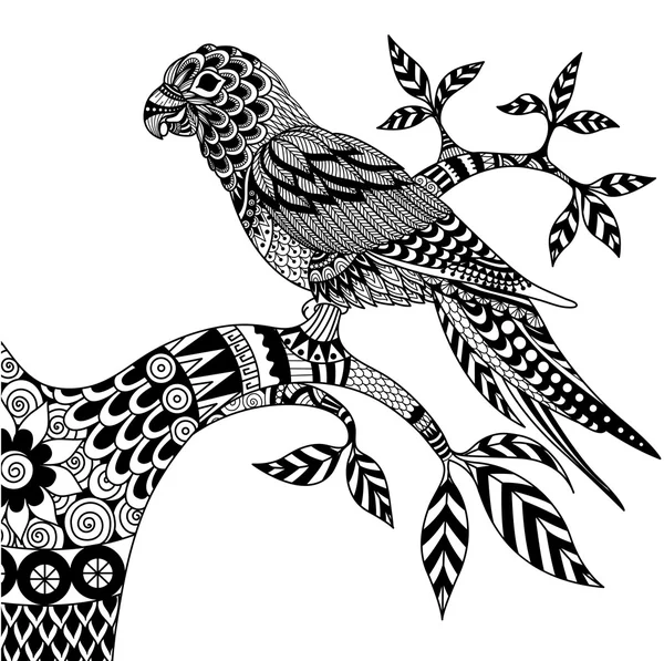 Doodle utformningen av papegoja på grenen för vuxen målarbok — Stock vektor