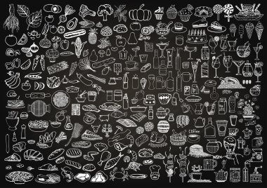 Gıdaların ayarla ve içecekler chalkboard özgeçmişlerine doodle.