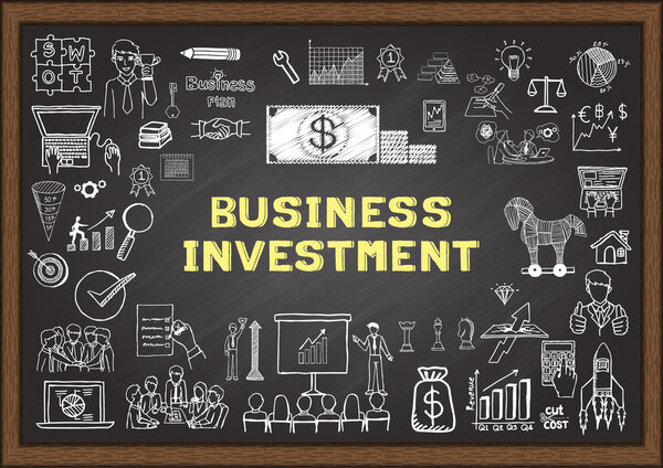 Hand drawn business icons about BUSINESS INVESTMENT on chalkboard