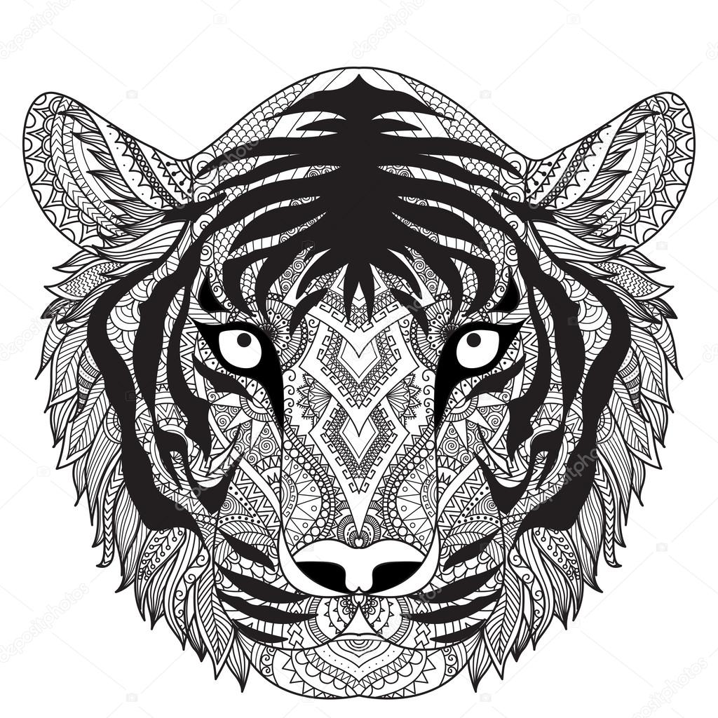 Linee pulite doodle disegno della faccia di tigre per graphic t shirt tatuaggio libro per adulti da colorare e cos¬ via magazzino vector — Vettoriali