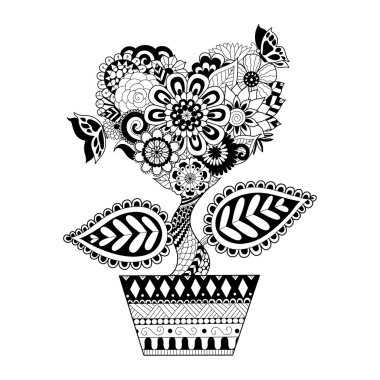 Çiçekler bir pot Hat sanatı üzerinde kalp şeklinde yetişkin, dövme, T - gömlek grafik kartları için boyama kitabı ve benzeri tasarım