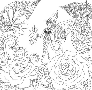 Elle çizilmiş peri kitap yetişkin renklendirme için çiçek topraklarda uçan