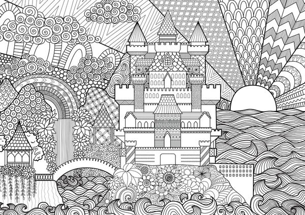 Zendoodle castle landscape for background, adult coloring and design element. Stock vector. — Stock Vector
