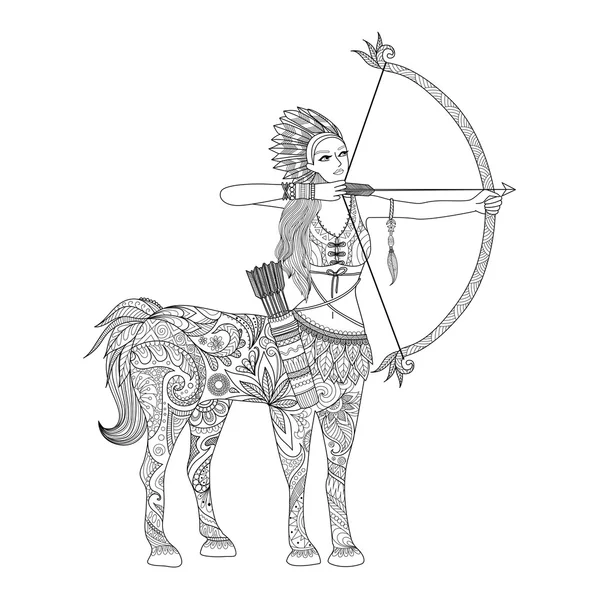 Doodle design de menina centauro para páginas de livros de colorir adulto - Stock Vector — Vetor de Stock