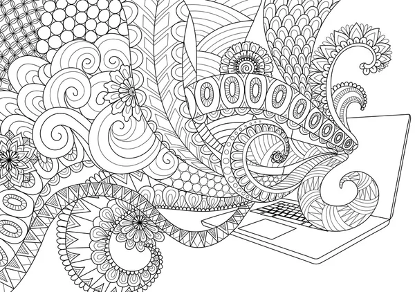 Tasarım eğlenceli doodle yetişkin renklendirme kitap için laptop akan Hat sanatı stres - hisse senedi vektör için sayfaları — Stok Vektör