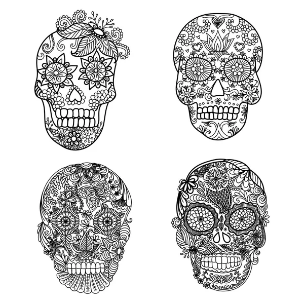 Linhas de design de arte de crânios florais exclusivos para páginas de colorir adultos, tatuagem, elemento de design para cartões de Halloween ou convites - Vetor de estoque —  Vetores de Stock