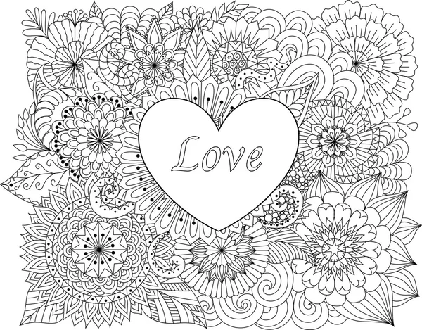 Heart on flowers for coloring books for adult or valentines card — Stock Vector