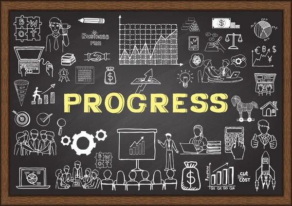 Business doodles om framsteg på svarta tavlan. — Stock vektor