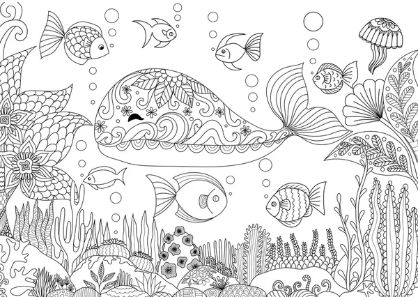 Doodle desain ikan paus kecil di bawah laut dengan karang yang indah untuk buku mewarnai dewasa - Vektor saham - Stok Vektor