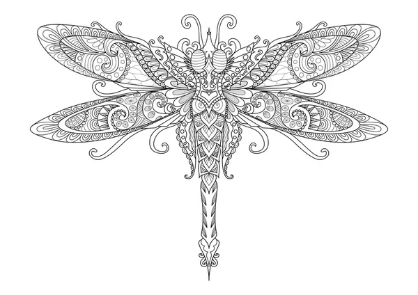 Design de doodles de libélula para tatuagem, elemento de design, páginas de livro de colorir gráfico e adulto T-shirt - Vetor de estoque — Vetor de Stock