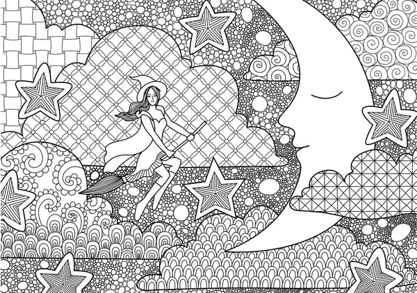 Jolie sorcière qui vole dans le croissant endormi la nuit , — Image vectorielle