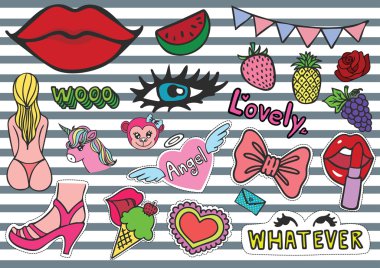 Dondurma, bikini, kirpik, kırmızı dudaklar da dahil olmak üzere el çekilmiş renkli T gömlek yamalar seksi piliç maddeleri, ne olursa olsun roll eyes, kadın maymun, çanta, meyve, parti konfeti, tek boynuzlu at ve benzeri - hisse senedi vektör