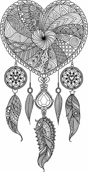 Line Art Heart Shape Dream Catcher Coloring Book Coloring Page — Stock Vector