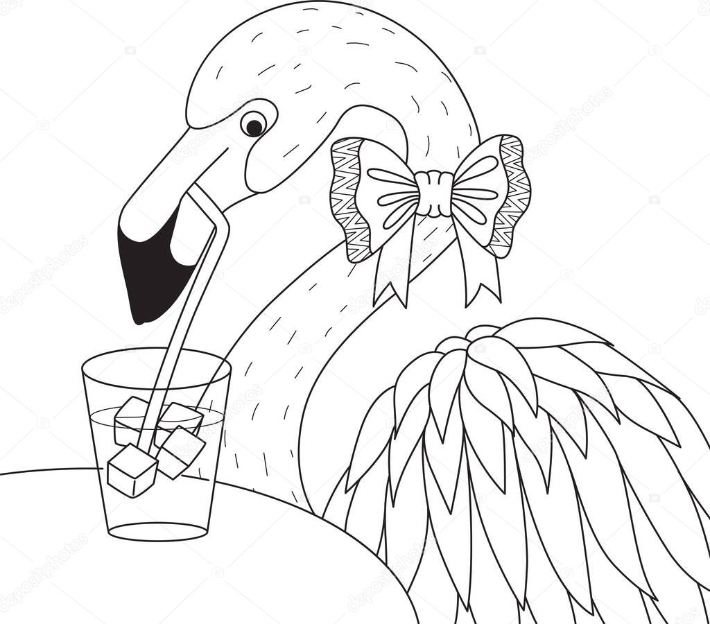 Flamingo holding a glass of drink, for adult coloring book, design element and so on. Vector illustration