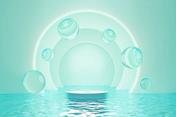 3d rendering floating podium and water drops above ocean. Minimal turquoise color scheme. Moisturizer cosmetic product concept.