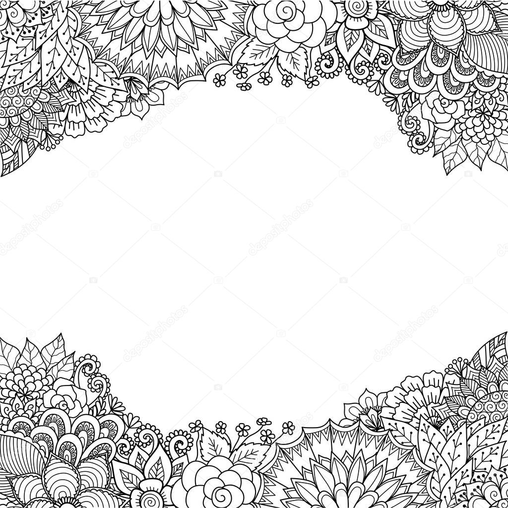 Abstract flowers frame for print on product or adult coloring book,coloring page. Vector illustration.