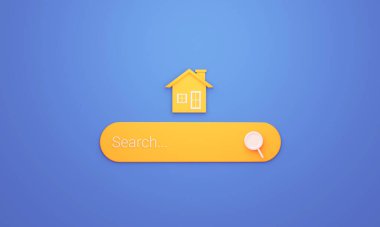 3d rendering yellow search bar and house icon. House searching, mortgage, rental housing. construction, sales, lease, investments concept