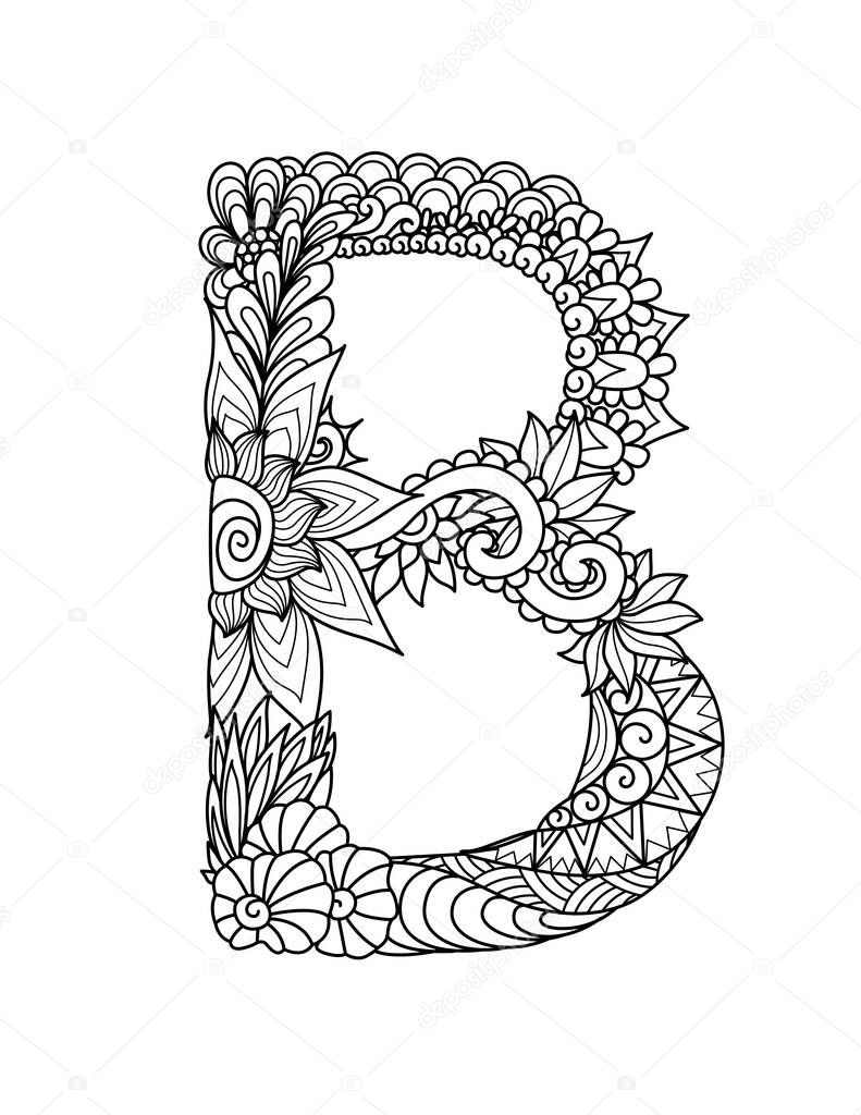Mandala letter B monogram, adult coloring book, engraving design. Vector illustration.