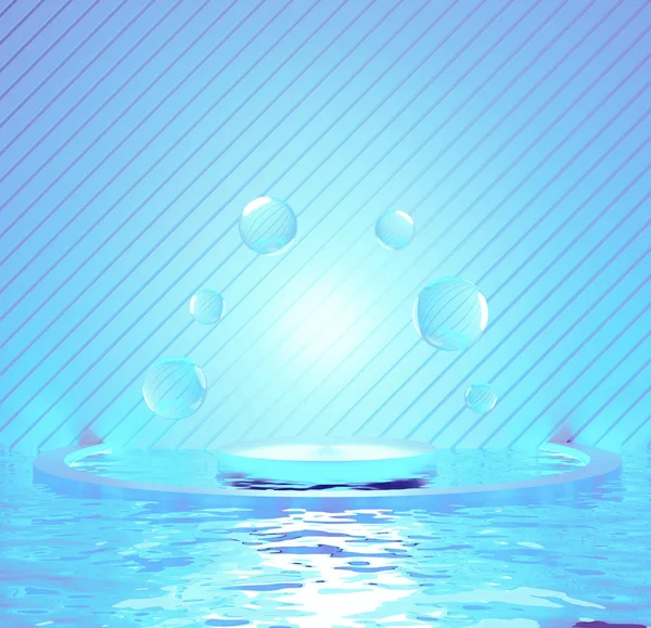 Vykreslování Plovoucí Pódium Voda Kapky Nad Modrým Oceánem Minimální Světle — Stock fotografie