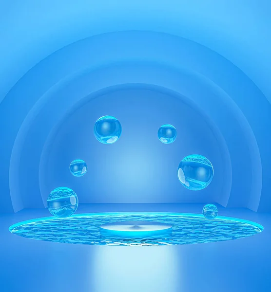 3d rendering floating podium and water drops above luxurious pool or pond with blue neon light. Minimal dark blue color scheme. Moisturizer cosmetic product concept.