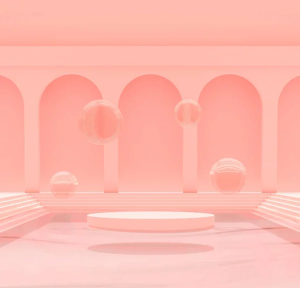 3D渲染浮台和水滴在清澈的水池之上 背景为拱形的最小石英玫瑰色图案 润肤霜化妆品概念 — 图库照片