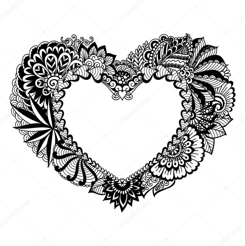 Floral heart frame for printing on product, engraving, laser cutting, paper cutting, adult coloring book and so on. Vector illustration.