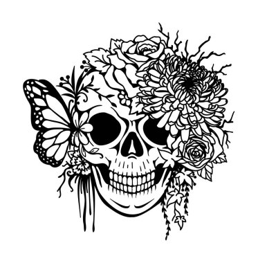 Kasımpatı, güller, yaprak ve kelebekli kafatası baskı, oyma, boyama vesaire için. Vektör illüstrasyonu