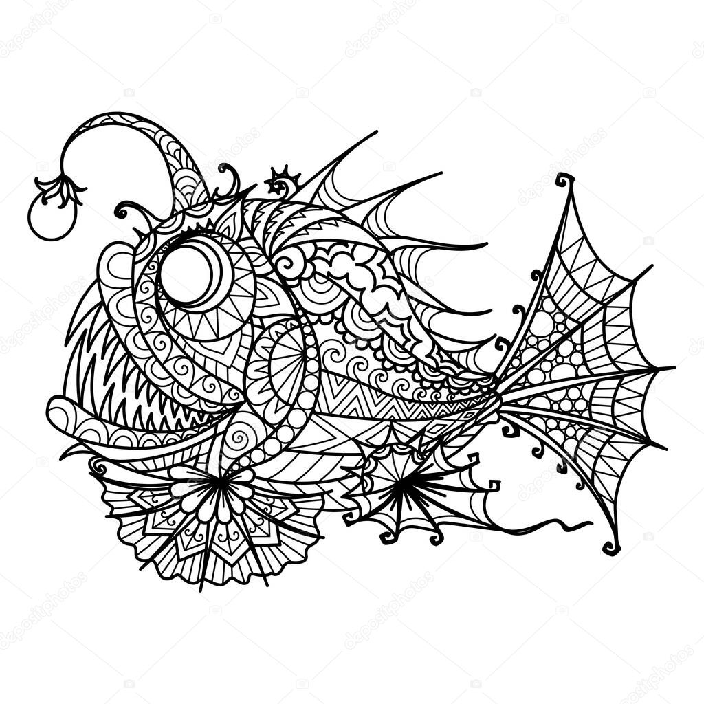 Mandala Anglerfish for coloring book, printing on product,laser cutting,eangraving and so on. Vector illustration.