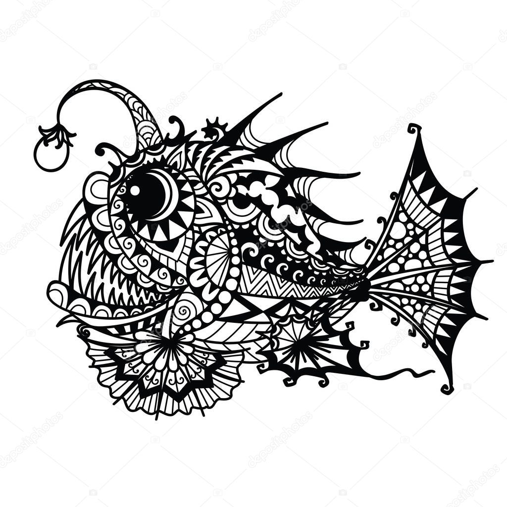 Mandala Anglerfish for coloring book, printing on product,laser cutting,eangraving and so on. Vector illustration.