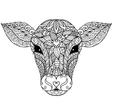 Yetişkin boyama kitabı, boyama sayfası, ürün baskısı, lazer kesiği, kağıt kesiği vs. için dana ya da inek kafası mandala. Vektör illüstrasyonu.