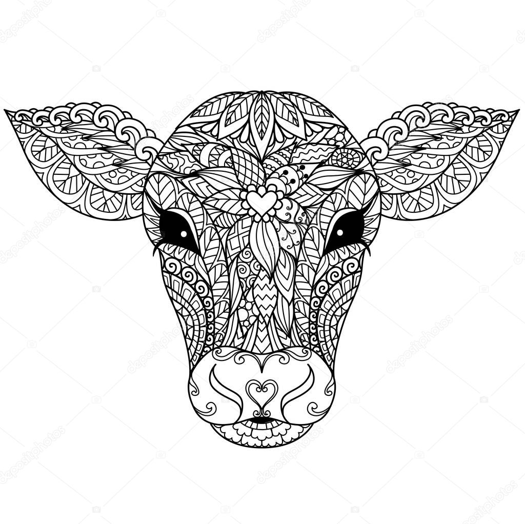 Calf or cow head mandala for adult coloring book,coloring page,print on product, laser cut, paper cut and so on. Vector illustration.