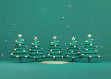 3D yüzen minimum Noel ağacı ve hediye kutularını somon rengi arka planda kırmızı ve yeşil podyumun etrafına yerleştirin.