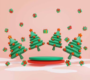 3D yüzen minimum Noel ağacı ve hediye kutularını somon rengi arka planda kırmızı ve yeşil podyumun etrafına yerleştirin.