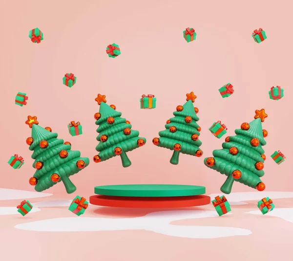 Rendering Schwimmenden Minimalen Weihnachtsbaum Und Geschenkboxen Rund Rote Und Grüne — Stockfoto