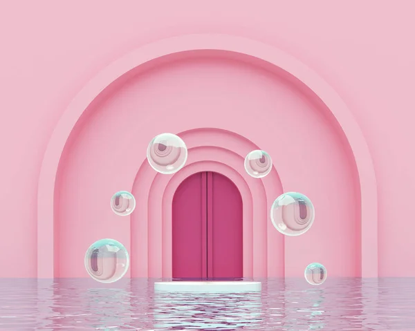 3d rendering floating podium and water drops above blue ocean in front of pink arched door. Minimal light blue color scheme. Moisturizer cosmetic product concept.